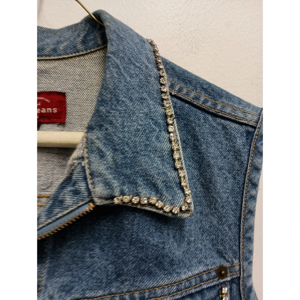 VTG‎ Y2K Limited Jeans Denim Vest Womens Medium Blue Rhinestone Trim